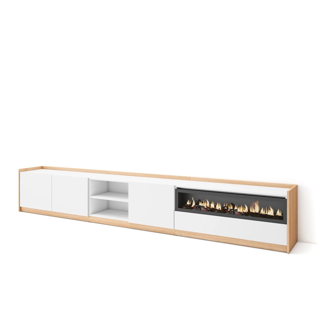 Mobile TV Soggiorno, 310x50x37 cm, Per TV fino a 80", Camino elettrico, Bianco e Rovere soft