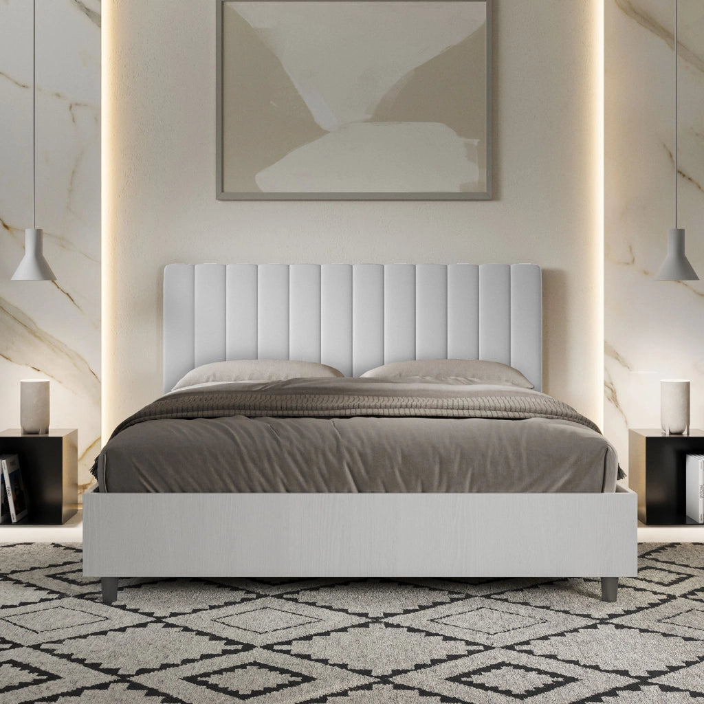 BS COM Letto matrimoniale con rete 160x200 bianco frassino testata similpelle bianco