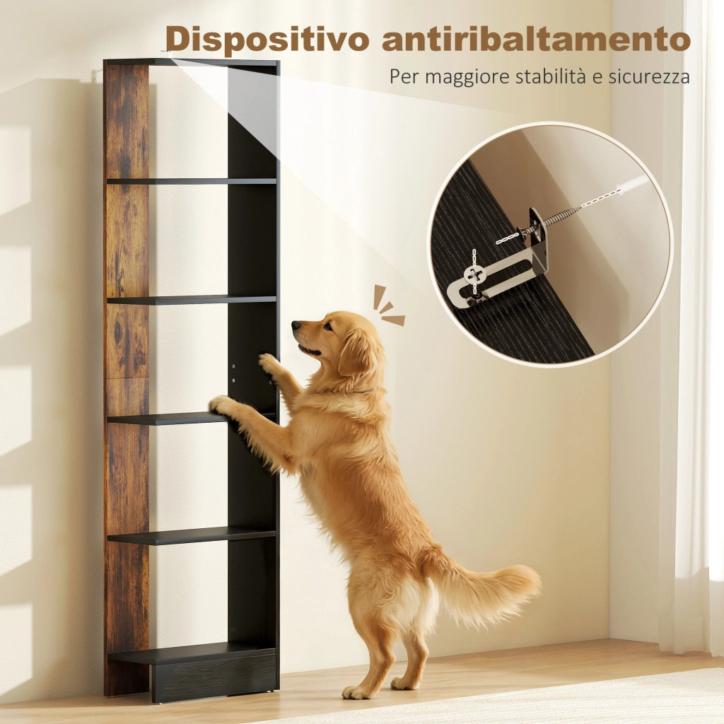 Libreria Moderna Salvaspazio a 5 Ripiani in Legno 45x21x170 cm, Marrone e Nero
