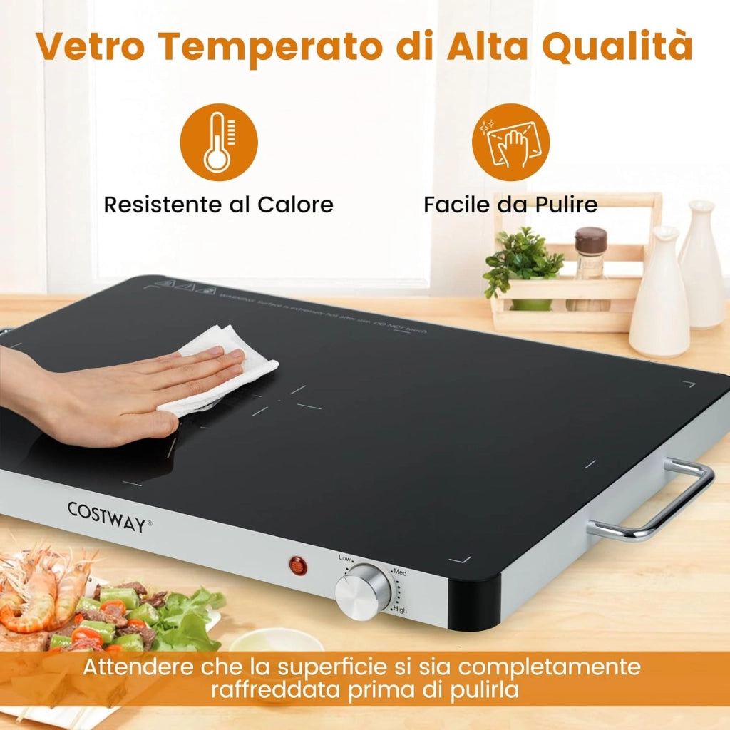 Vassoio Riscaldante Elettrico, Piatto Scaldavivande Portatile in Vetro Temperato con Temperatura Regolabile e Maniglie Antiustioni, per Feste Buffet (53 x 40 cm)