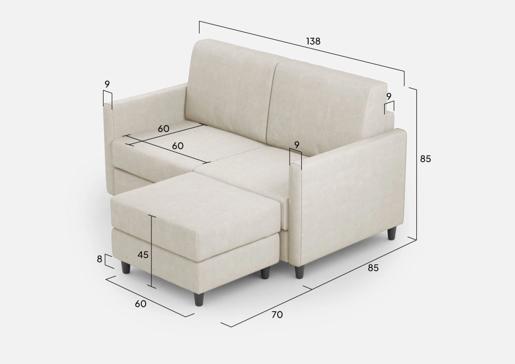 Divano 2 Posti con Pouf 158x145x85 cm Karay in Tessuto Latte