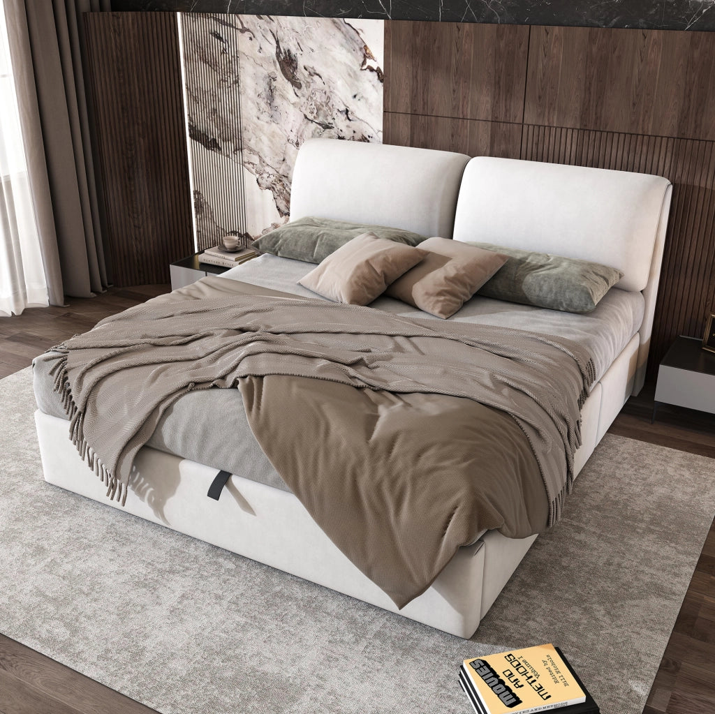 Letto imbottito matrimoniale 180x200 cm in velluto beige con contenitore; 3 cassetti e testiera