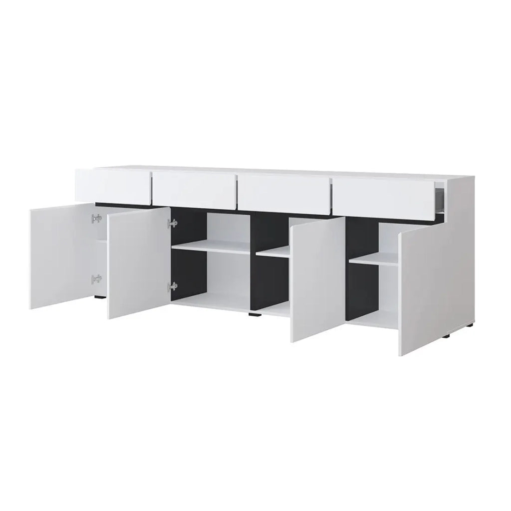 Buffet XL colori bianco e nero 225cm collezione HAVANA. Credenza design con 4 porte e 4 cassetti.