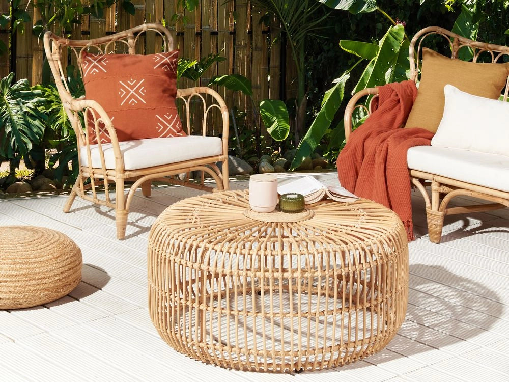 Tavolino da giardino in rattan naturale 85 cm rotondo, fatto a mano, per interni, per esterni, per il soggiorno