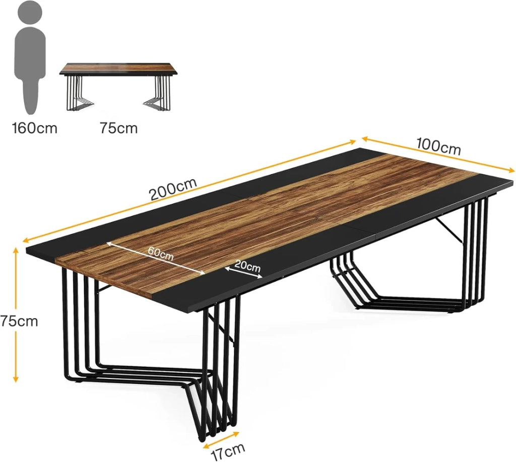 Scrivania lineare tavolo riunioni in MDF e metallo con piano rettangolare nero e marrone rustico 200 × 100 × 75 cm