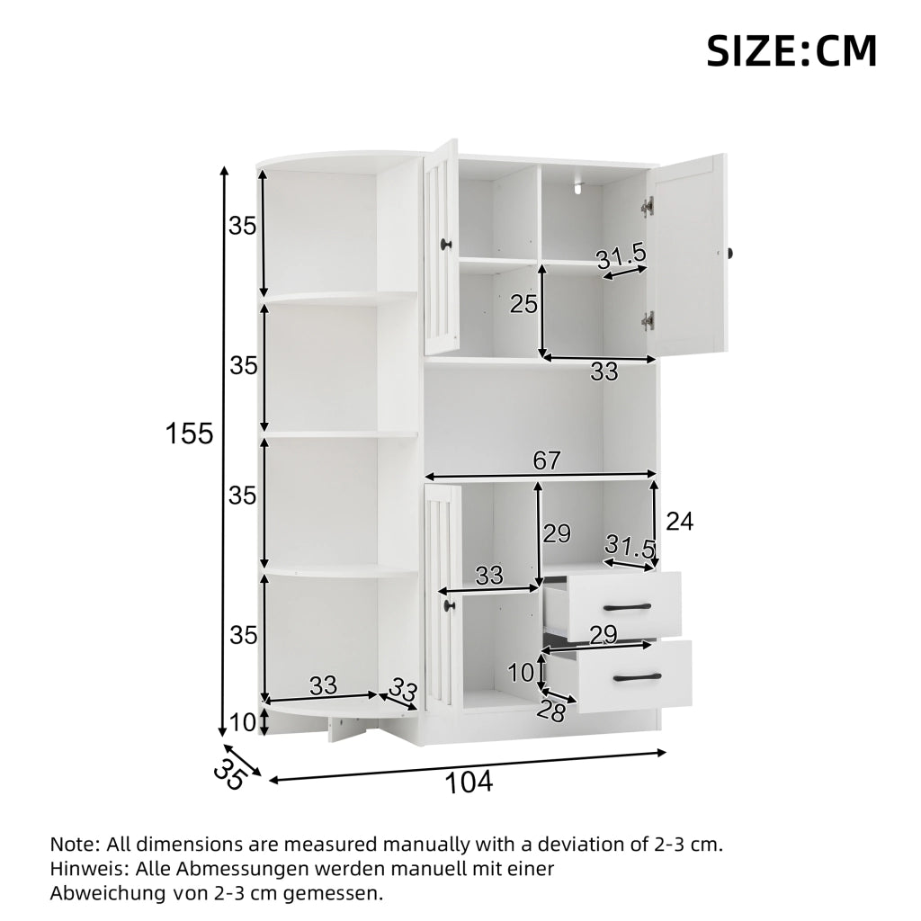 Libreria ad angolo con 3 ante 2 cassetti 6 vani aperti e ripiani regolabili per soggiorno in pannello truciolare 104 × 35 × 155 cm bianco