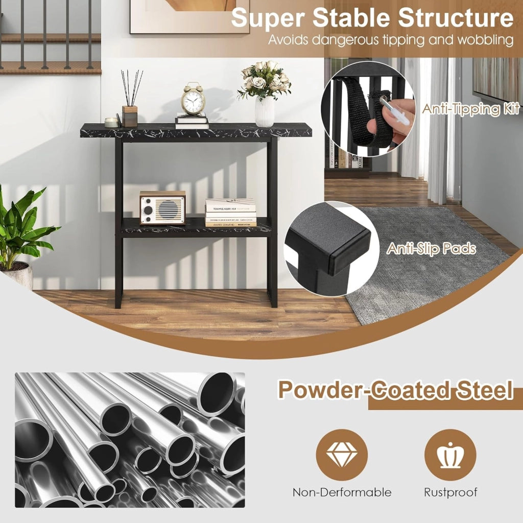 Tavolo Console da ingresso, 120 x 29,5 x 92,5 cm, piano in finto marmo e telaio in metallo, tavolino ausiliario con 2 ripiani, risparmio di spazio, tavolo da soggiorno, corridoio (nero)