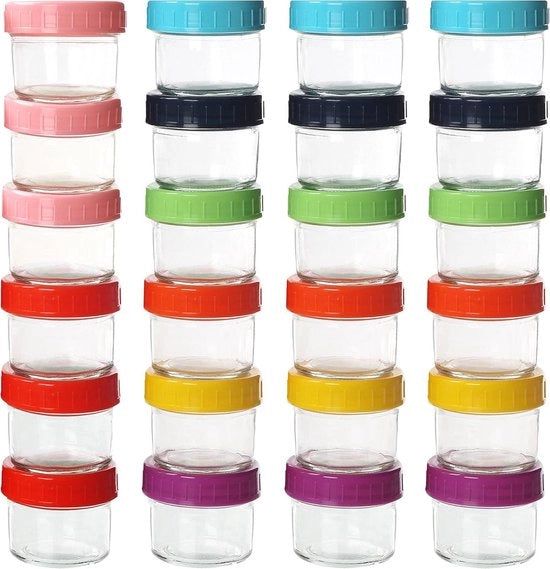 Contenitori di Riciclo per Bambini con Coperchio in Vetro (24 pezzi) - 100 ml - Contenitore Riciclabile - Sicuro per Lavastoviglie, Congelatore e Microonde - Aria Tappata e Libero da BPA