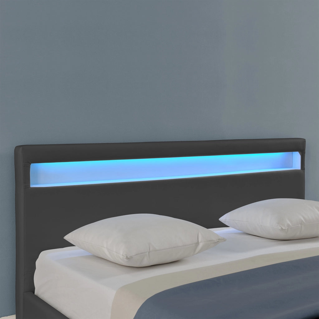 Letto Matrimoniale Imbottito 180x200 cm Testiera Alta con Illuminazione a LED Similpelle - Grigio Scuro Corium