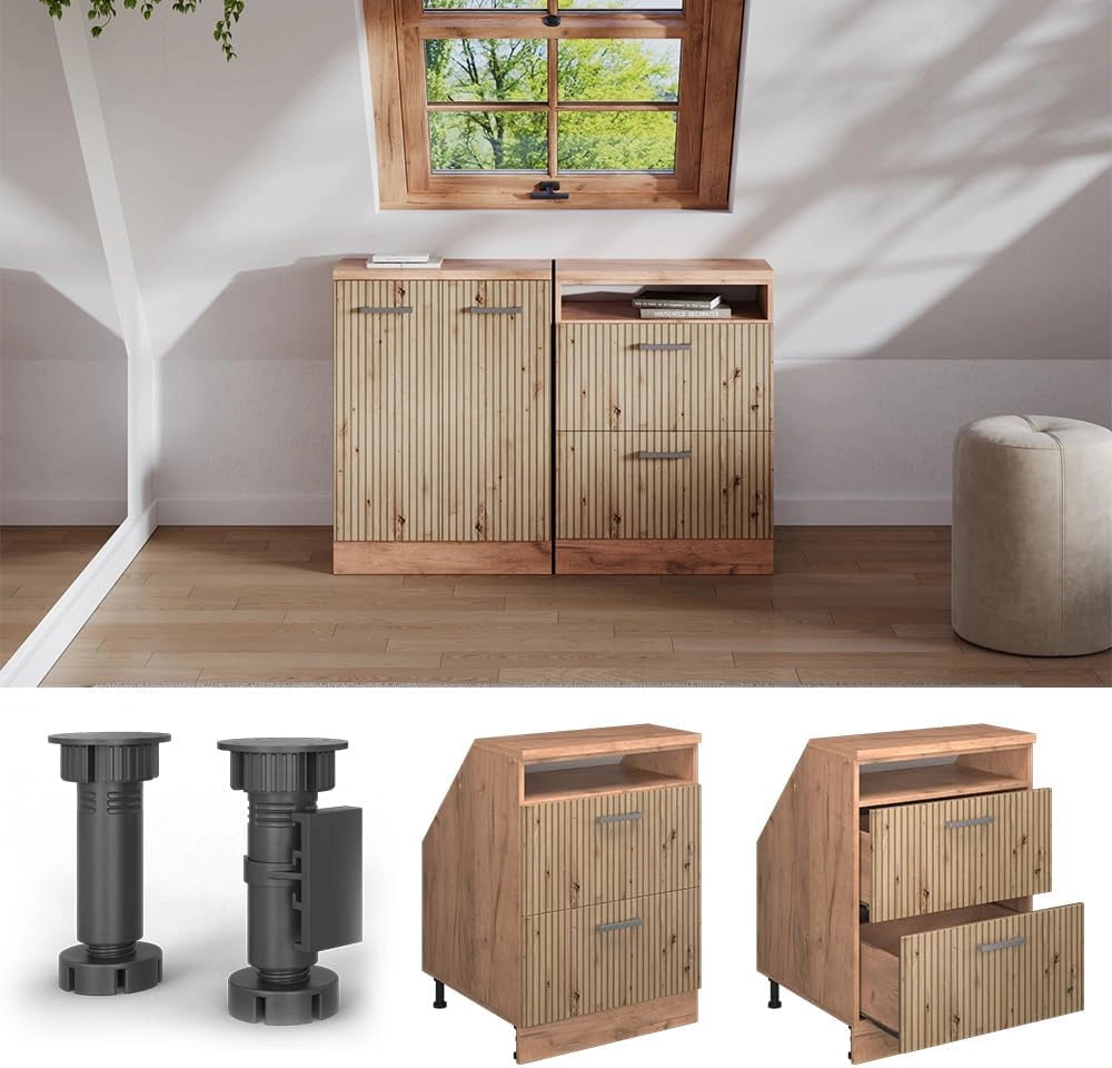 Mobile sottotetto Rion, Rovere artigianale, 60 x 81.6 cm con 2 cassetti, carcassa 60 cm profondità, adatto per il salvaspazio sotto tetti spioventi
