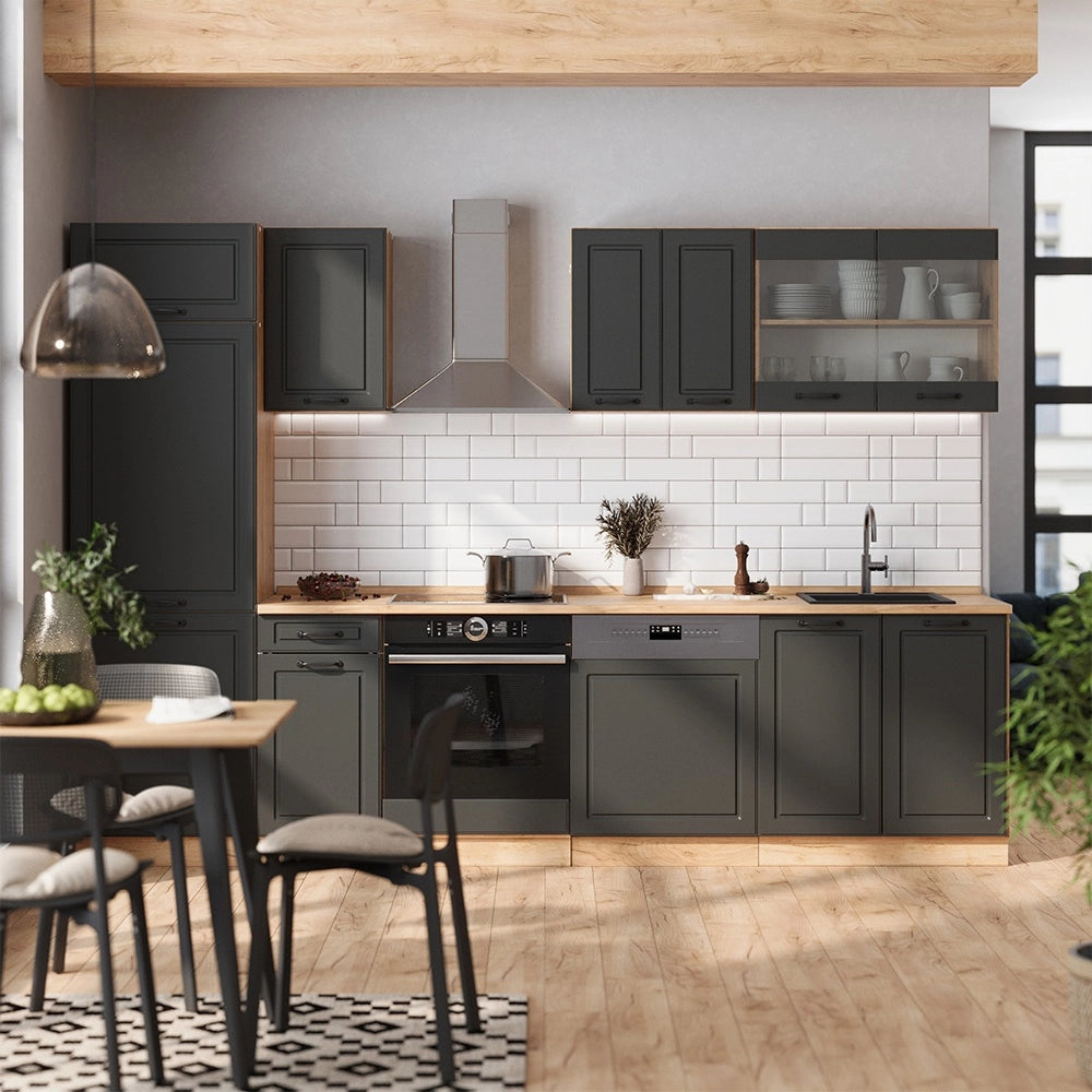 Cucina componibile R-Line Antracite rustico/Rovere dorato 300 cm, PL Marmo Vicco