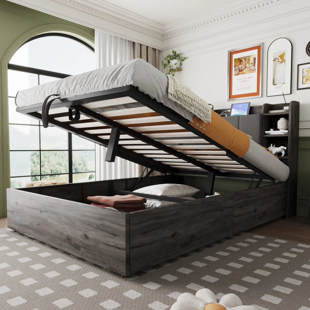 Letto 140x200 cm con contenitore idraulico; USB e vani in MDF grigio