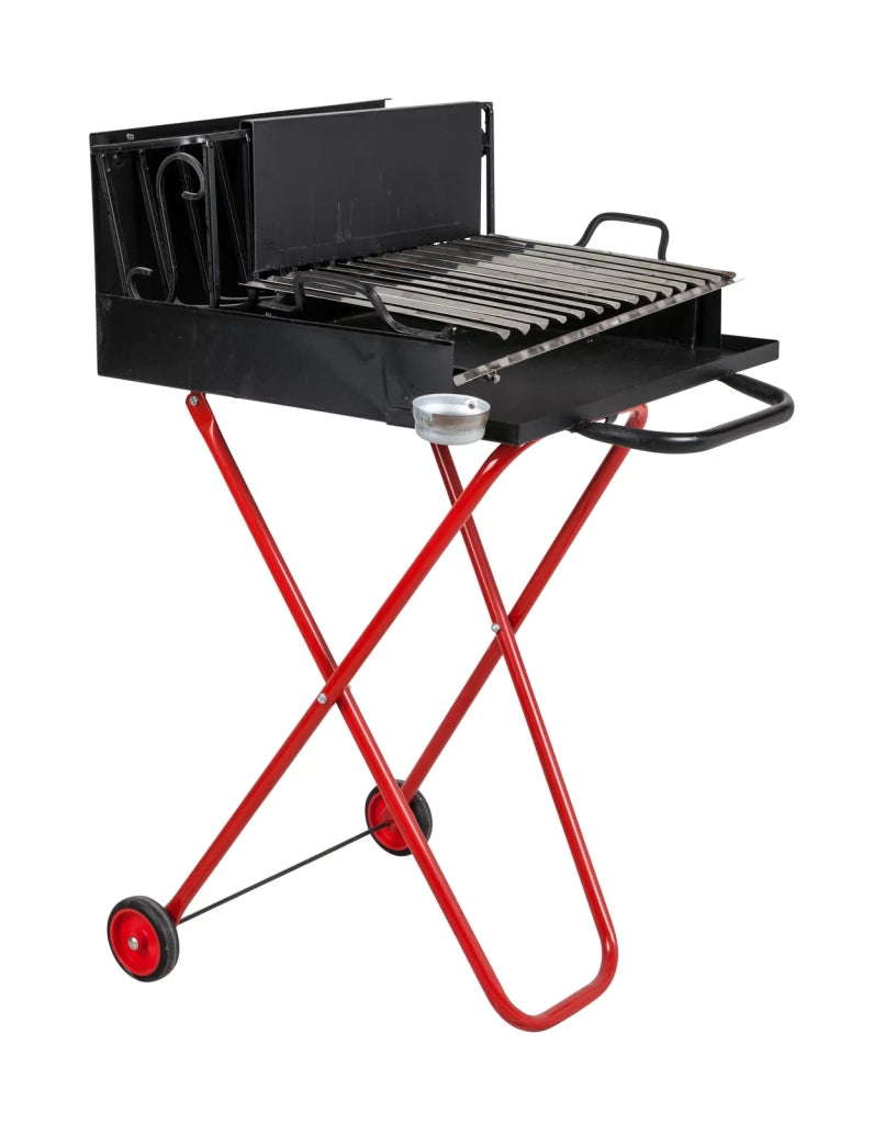 Barbecue a Legna Portatile con Griglia in Acciaio Inox, Ripiano Recupera Grassi, Pieghevole con Ruote, Made in Italy, Con tira braci e bicchiere raccogli olio OMAGGIO (MEDIO)