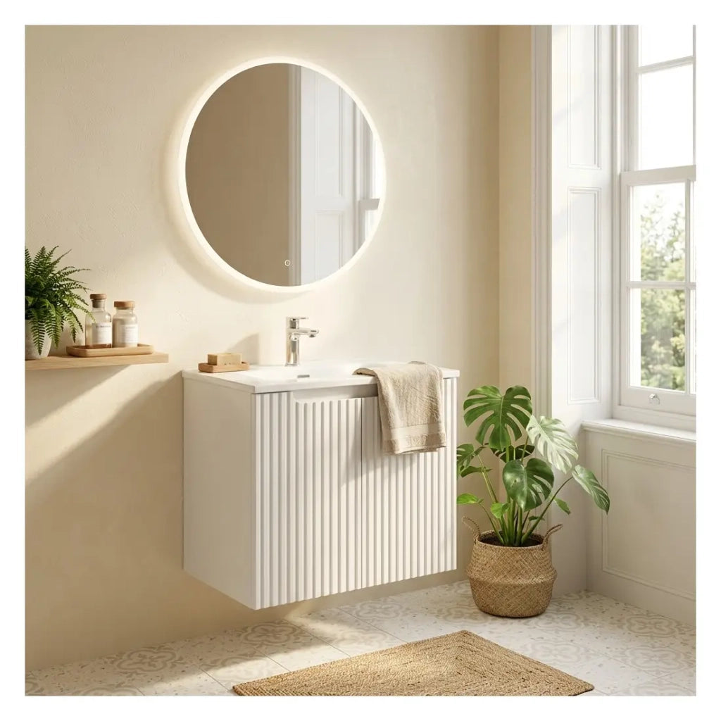 Set bagno sospeso VANO bianco 50cm: mobiletto sottolavabo con ante scanalate + lavabo incassato bianco