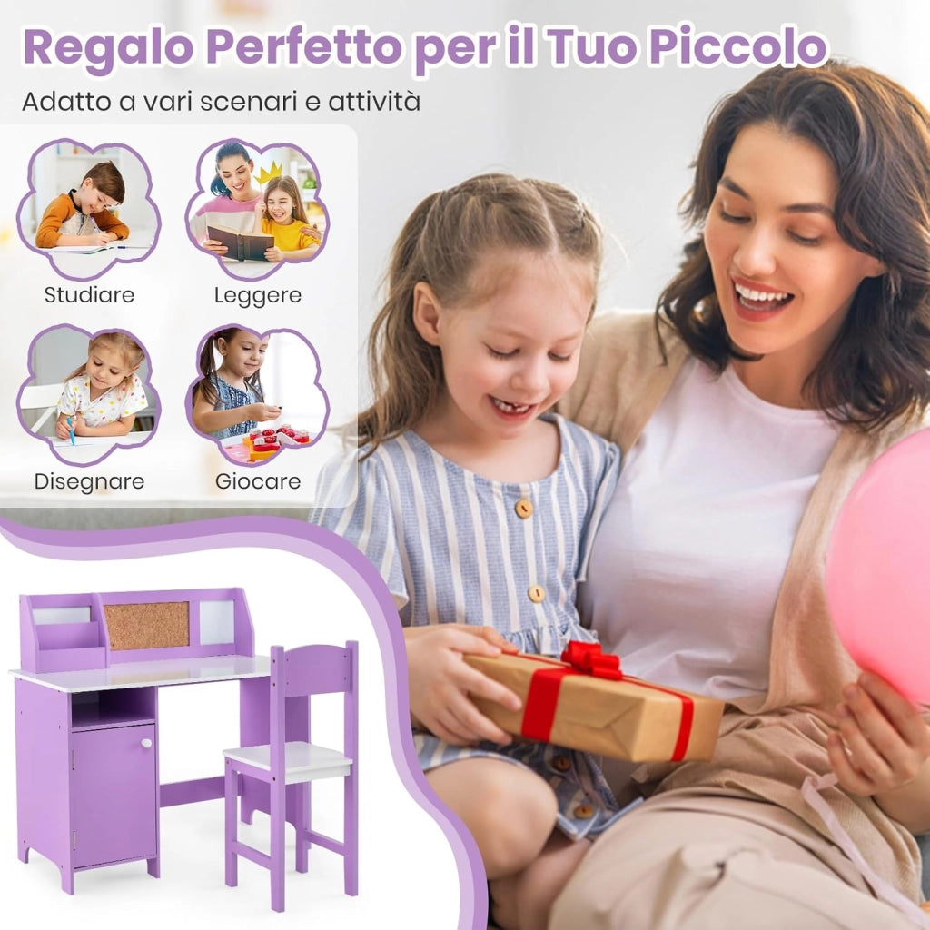 Set Scrivania e Sedia per Bambini per Studio e Lettura, Viola | Banco Scuola con Sedia Ergonomica, Lavagna Bianca, Pennarello, Armadietto e Bacheca, Postazione Computer per Cameretta Studio
