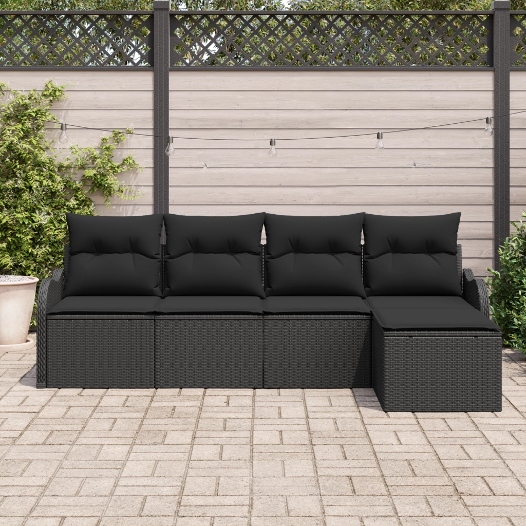 Set di Divani da Giardino di 5 Pezzi con Cuscini Polyrattan Nero
