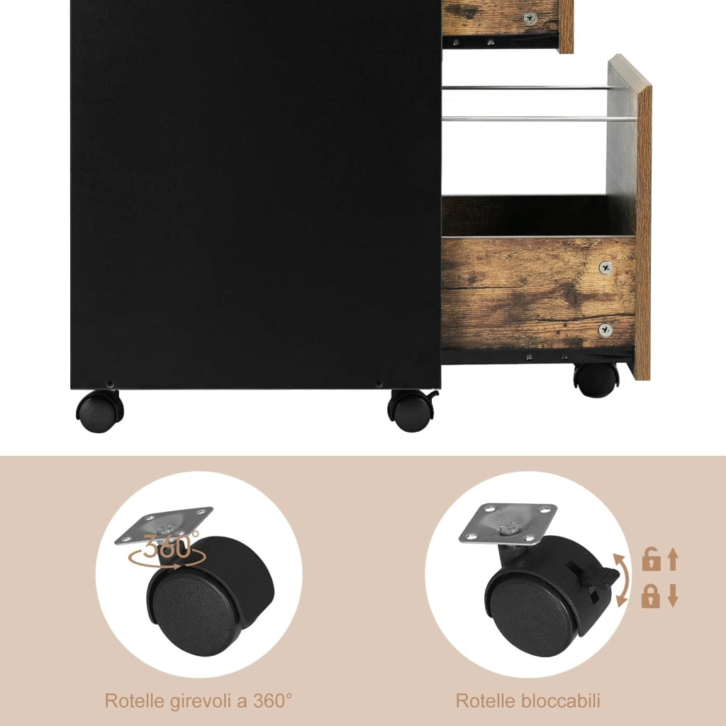 Cassettiera da Ufficio, Cassettiera Portadocumenti a 3 Cassetti, Mobiletto Portaoggetti con Ruote per Studio, Camera da Letto, in Legno, Rovere Vintage e Nero, 40x40x70cm, ASK01hov