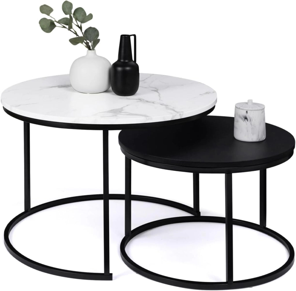 Set di 2 tavolini rotondi ALASKA 54/70, effetto marmo e nero, gambe in metallo