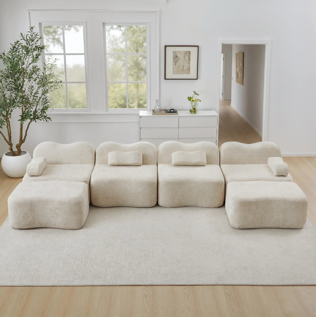 Divano modulare a U in velluto beige; schiuma 32D; senza struttura; 384x167x70 cm