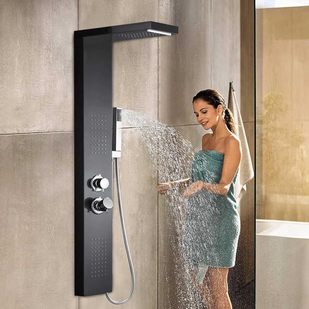 Colonna Doccia Pannello Doccia Multifunzione 4 in 1 in Acciaio Inox 304 con Doccia a Pioggia Doccetta Doccia Idromassaggio Doccia a Cascata, Nero