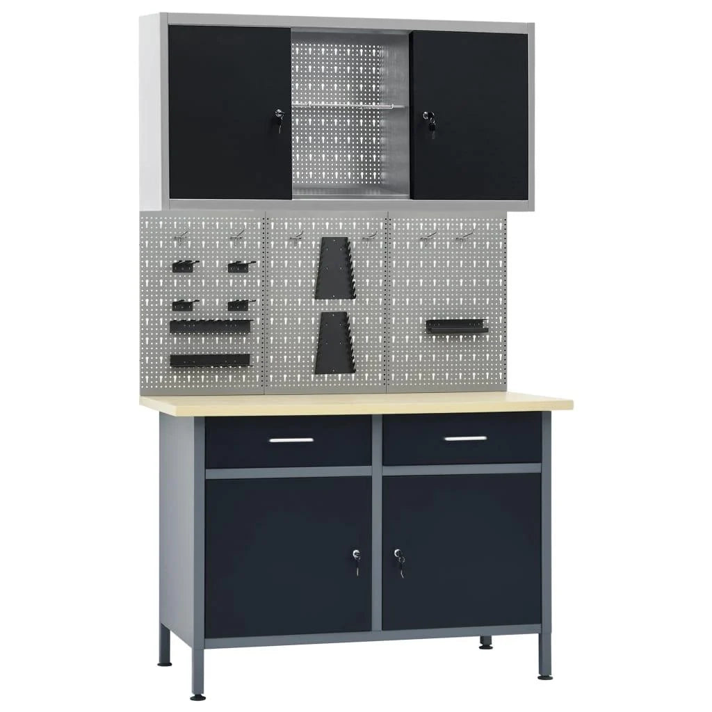 Banco da lavoro da 120 cm con 3 pannelli a parete e 1 mobiletto da officina tavolo da lavoro grigio/nero 02_0003661