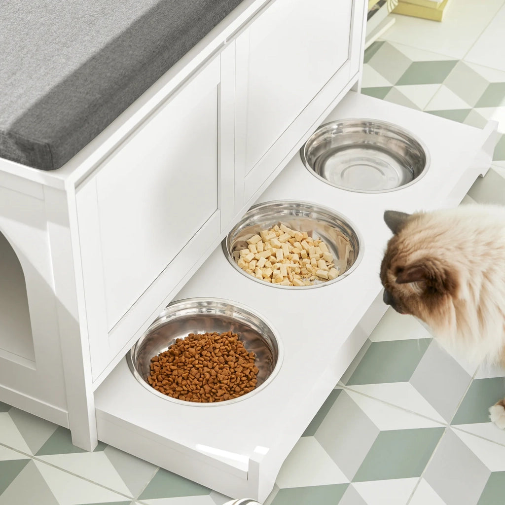 Cuccia Per Gatti Con Ciotola Per Gatti In Acciaio Inossidabile Panca Con Seduta Casetta Per Gatti Bianco 90x36x44cm FSR136-W SoBuy