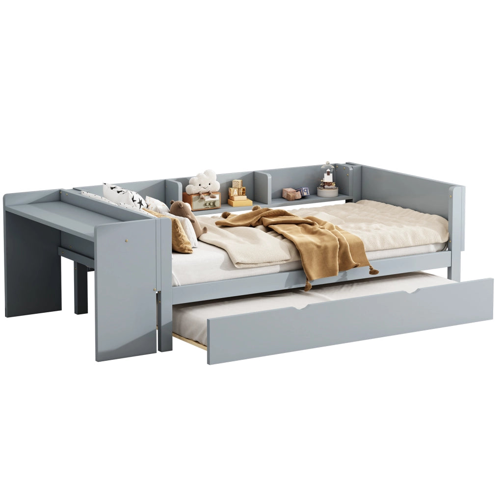 Letto singolo bambini 90x200 grigio con letto estraibile e scrivania