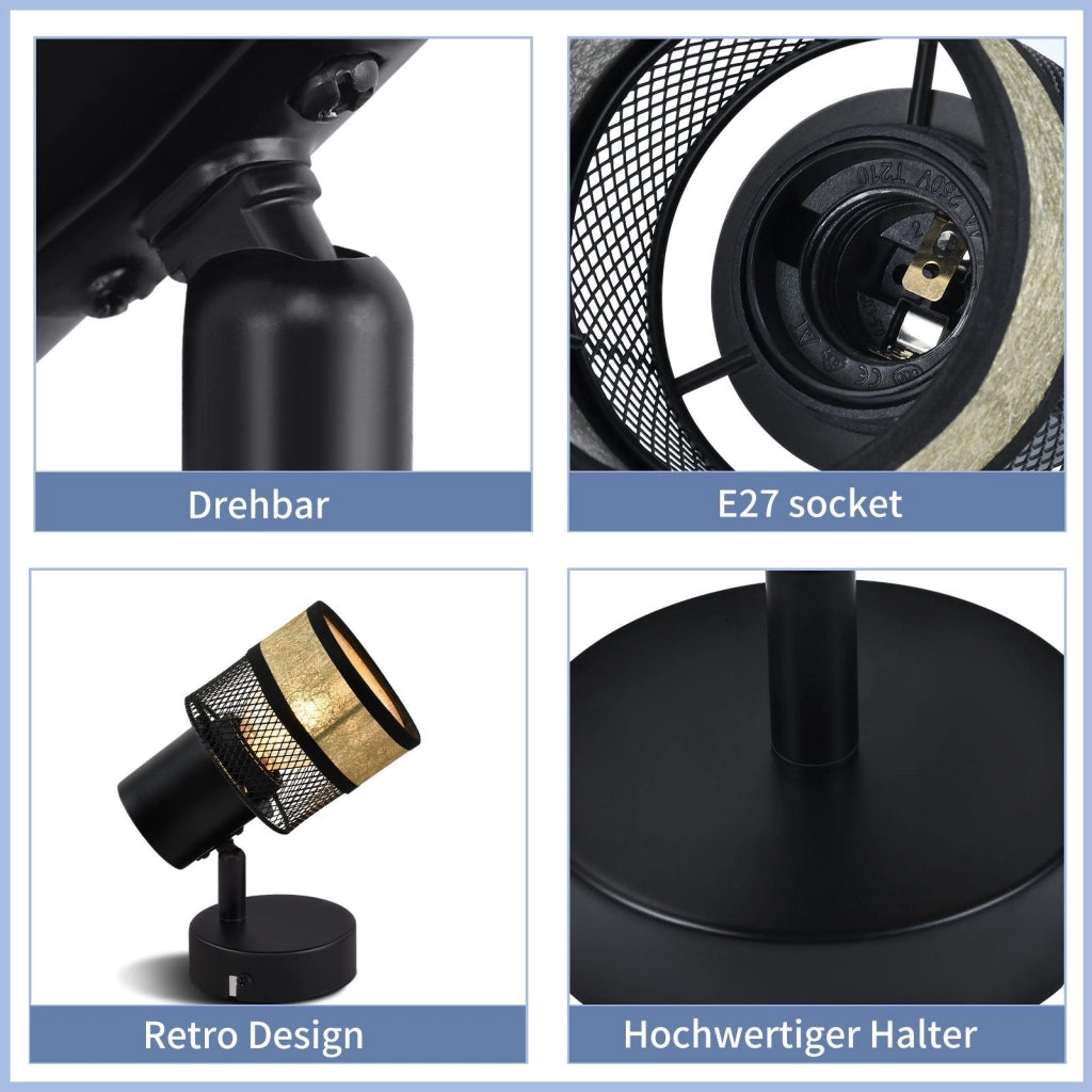 ZMH Faretti da soffitto 1 lampadina nero E27 40W corridoio retrò metallo paralume in tessuto dorato rivestimento