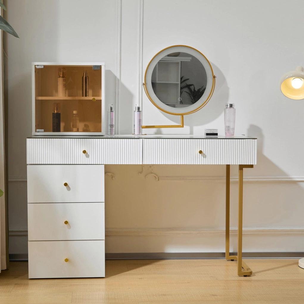 Toeletta con specchio LED bianca e oro 120x45x115 cm