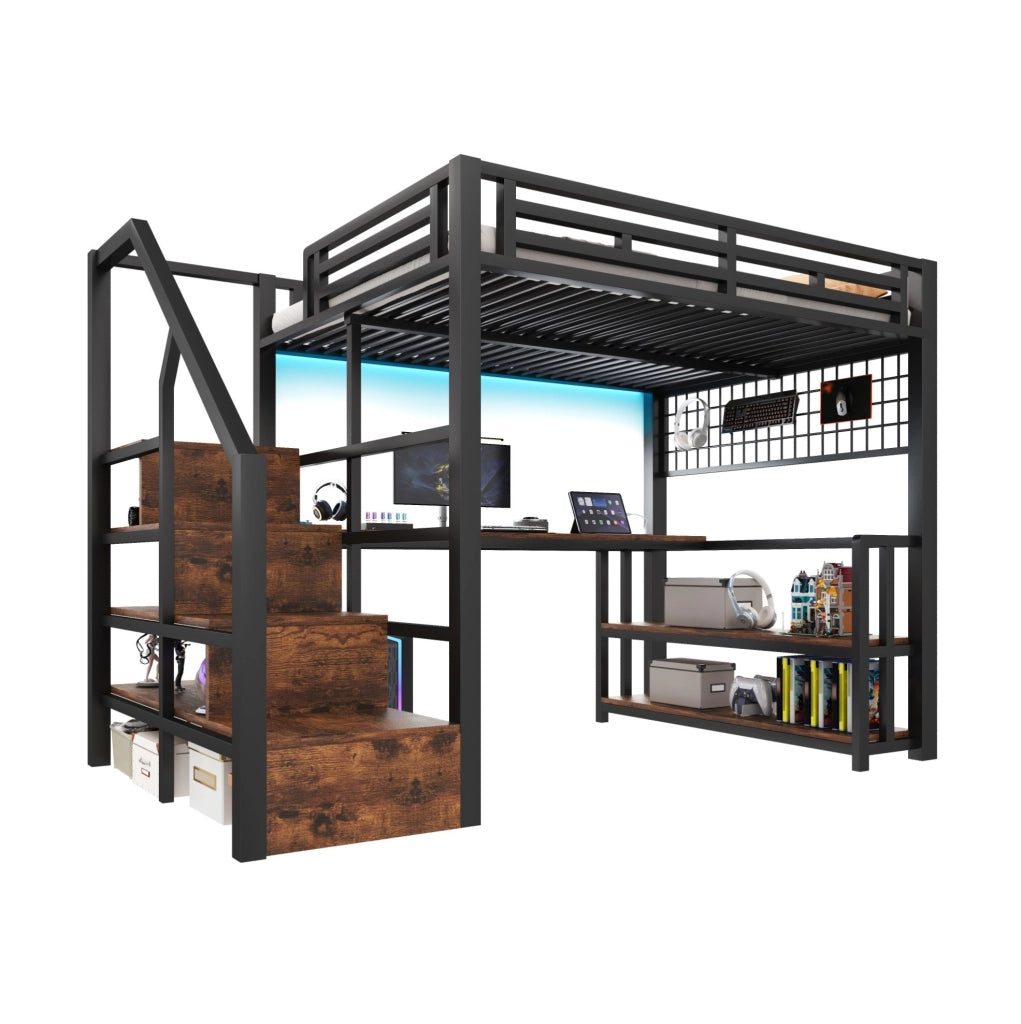 Letto a soppalco 140x200 cm in metallo e MDF nero con scrivania; ripiano; LED e USB