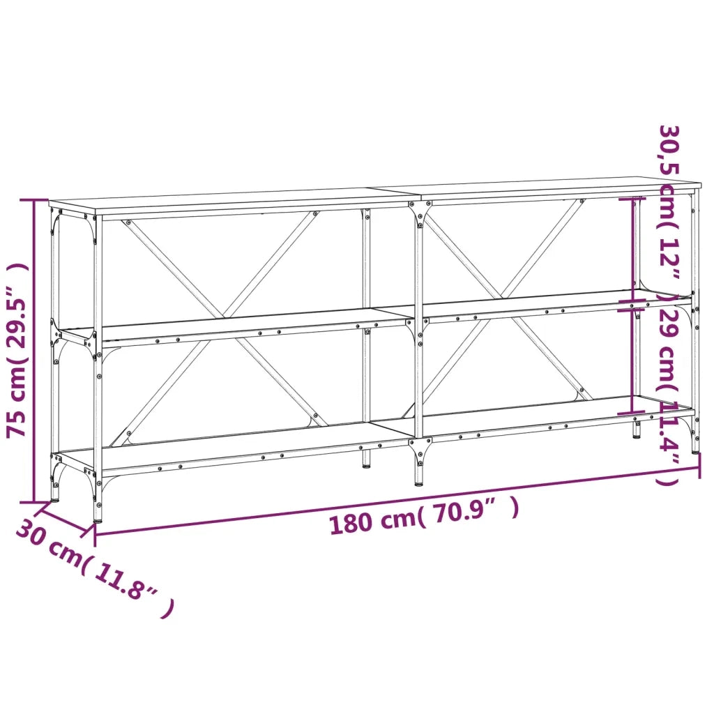 Tavolino Grigio Sonoma 180x30x75cm in Legno Multistrato e Ferro 832856