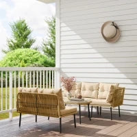 Salotto da Giardino in Rattan 2 Divanetti e Poltrona Angolare con Cuscini, Tavolino in Vetro, Colore Legno