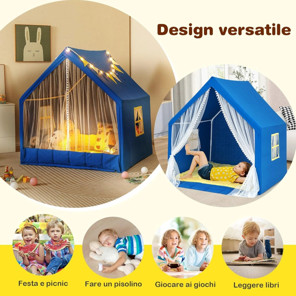 Tenda da Gioco per Bambini, Casetta per Bambini con Tappeto in Cotone Lavabile Luci Stellari e Finestre, Tenda del Castello, 122x105x125 cm (Blu)