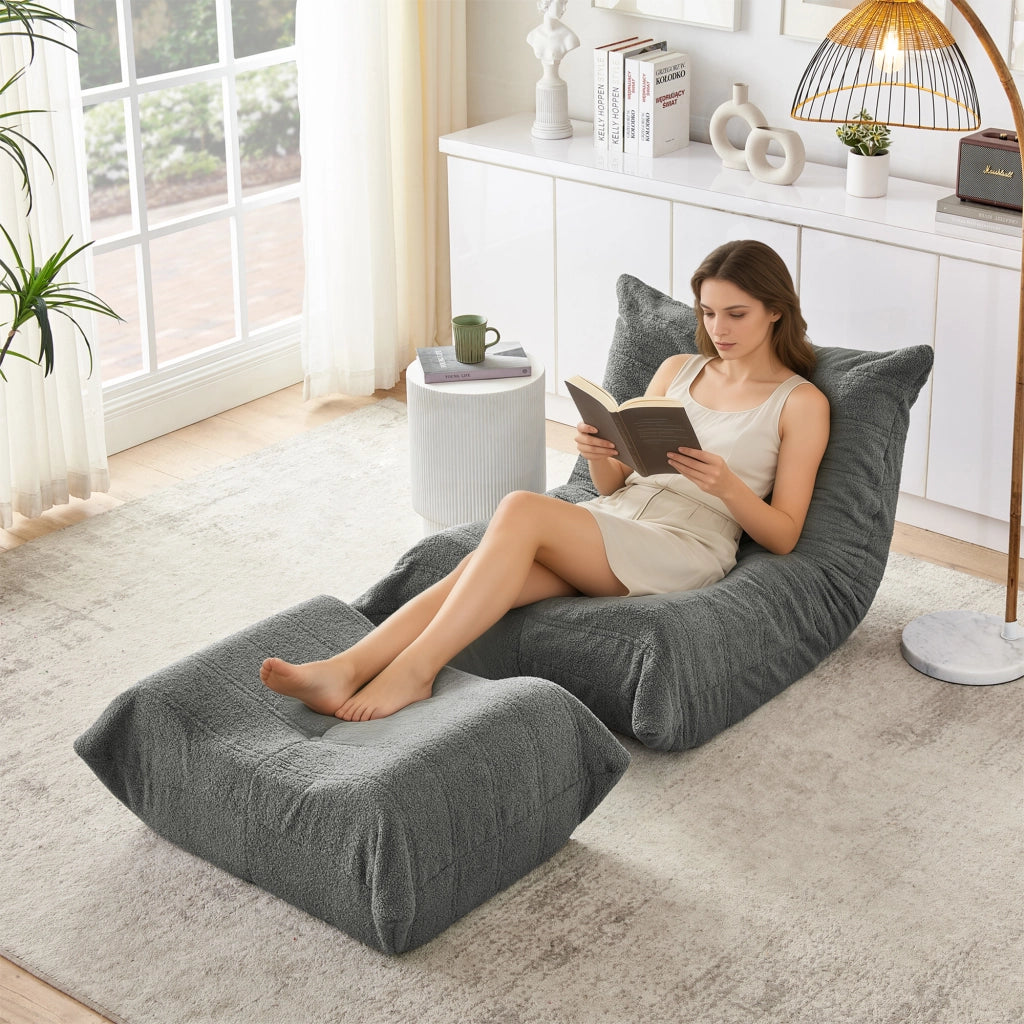 Divano Poltrona da Terra con Poggiapiedi ¨C MINIMAL ¨C Grigio, Velluto Teddy