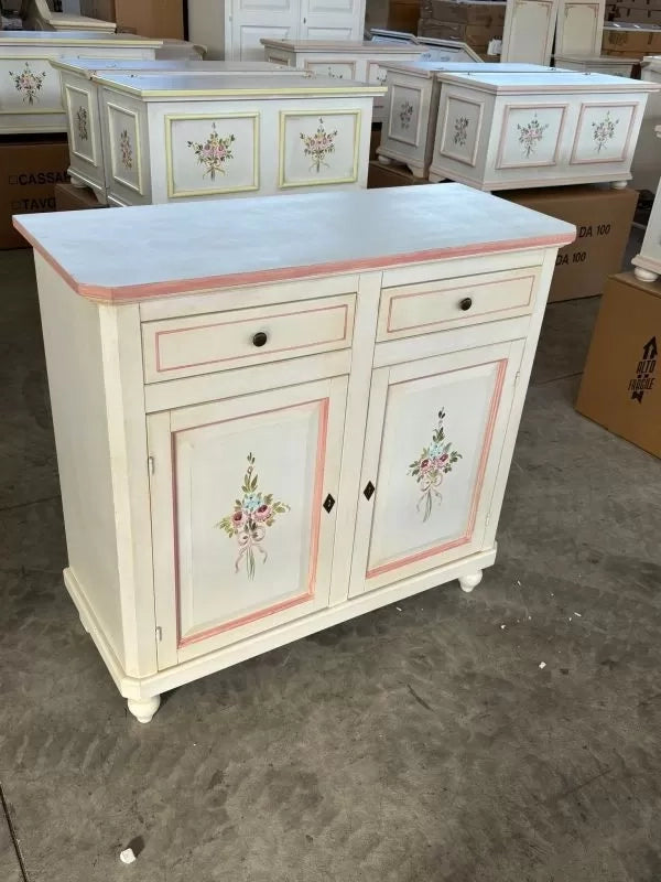 Credenza 2 porte legno shabby bianco anticato filo rosa decori 105x45x98 - Mobili 2G