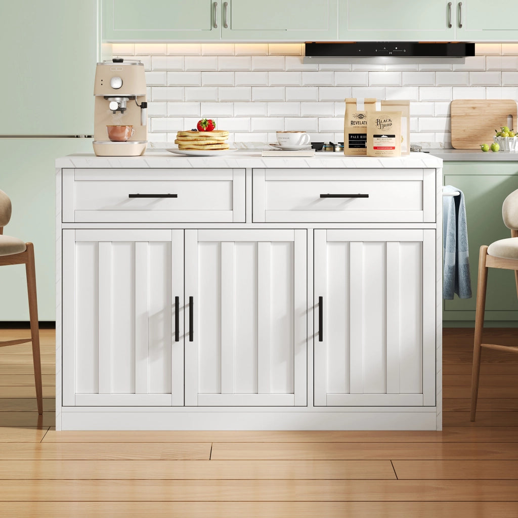 Isola da cucina con 3 ante; 2 cassetti; ripiani regolabili; prese e USB; portaasciugamani; 120 x 60 x 91 cm