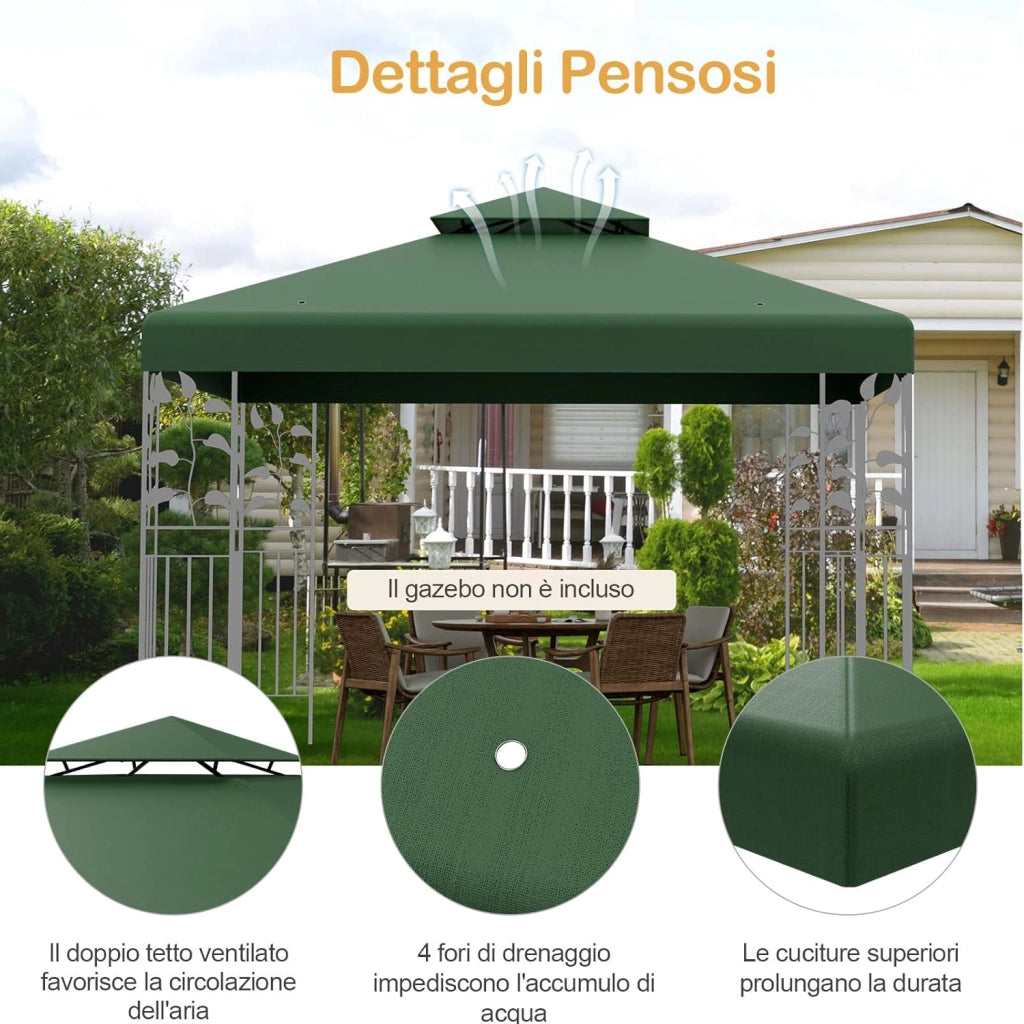 Tettoia di Ricambio per Gazebo da 3 x 3 m, Doppio Strato Superiore, Copertura per Gazebo da Giardino con Gancio e Chiusura a Strappo (Verde scuro)