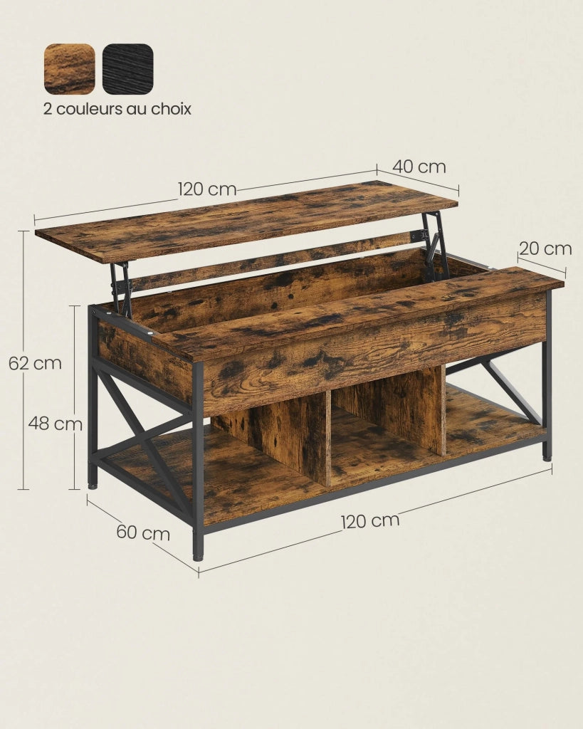 Tavolino da caffè/tavolo da soggiorno con piano sollevabile vano portaoggetti aperto e scomparto nascosto barre a X 60 x 120 x (48-62) cm marrone 12_0007476