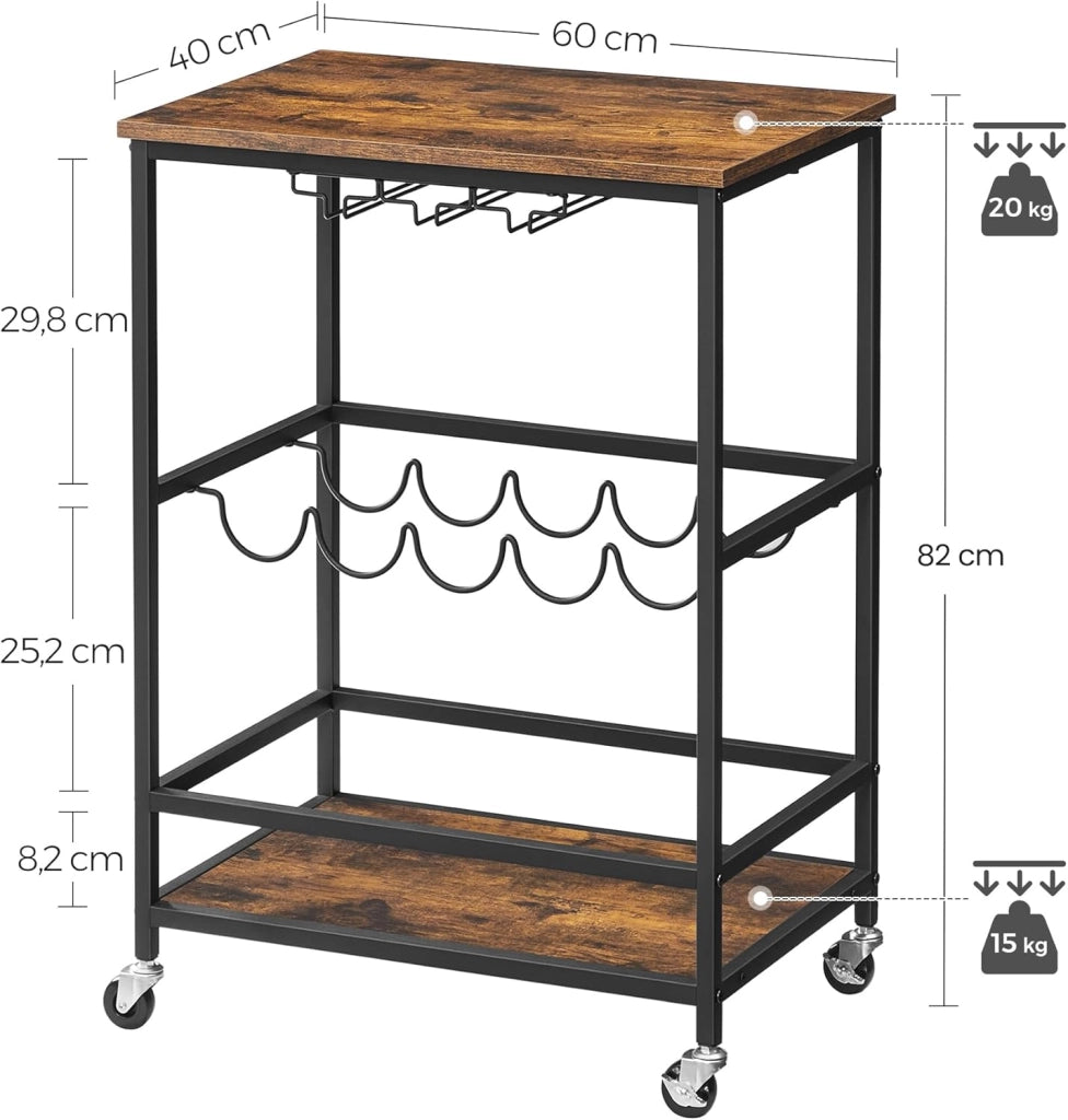 VASAGLE Carrello da Cucina, Carrello Portavivande, Scaffale da Cucina con Ruote, Porta Bicchieri e Bottiglie, 40 x 60 x 82 cm, Stile Industriale, Marrone Vintage e Nero LRC087B01