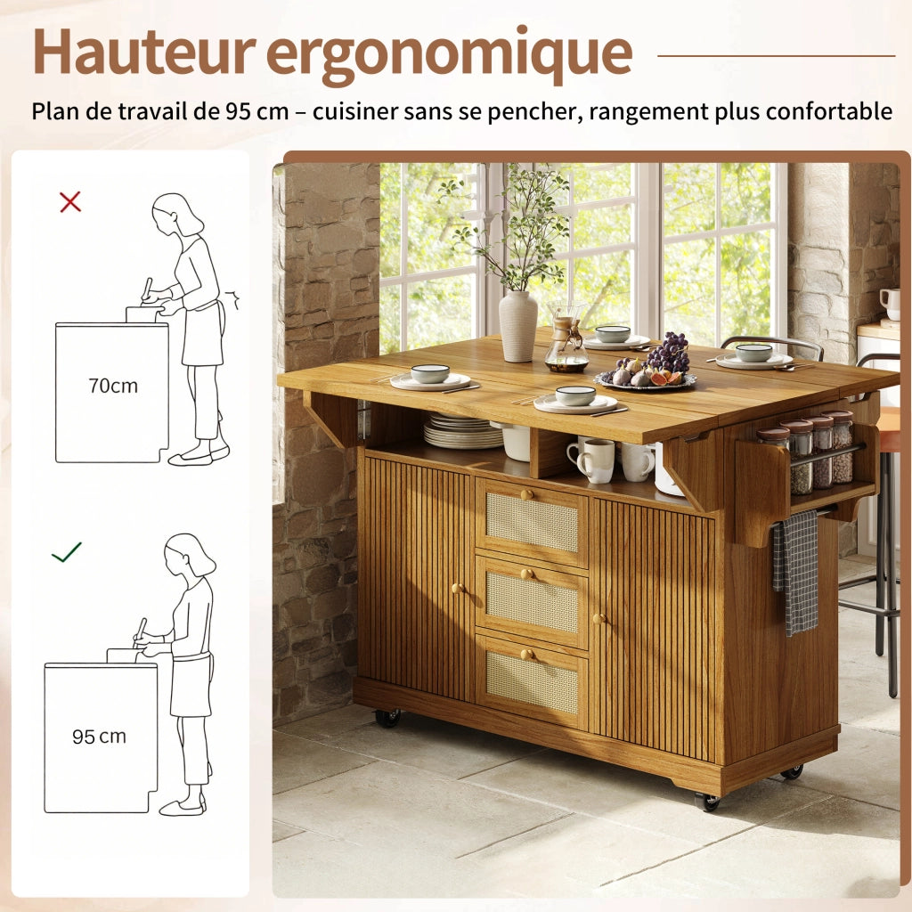 Carrello da cucina con 2 prolunghe ribaltabili; vani nascosti; cassetti in rattan PE; per cucina e balcone; 142.5 × 80 × 95 cm