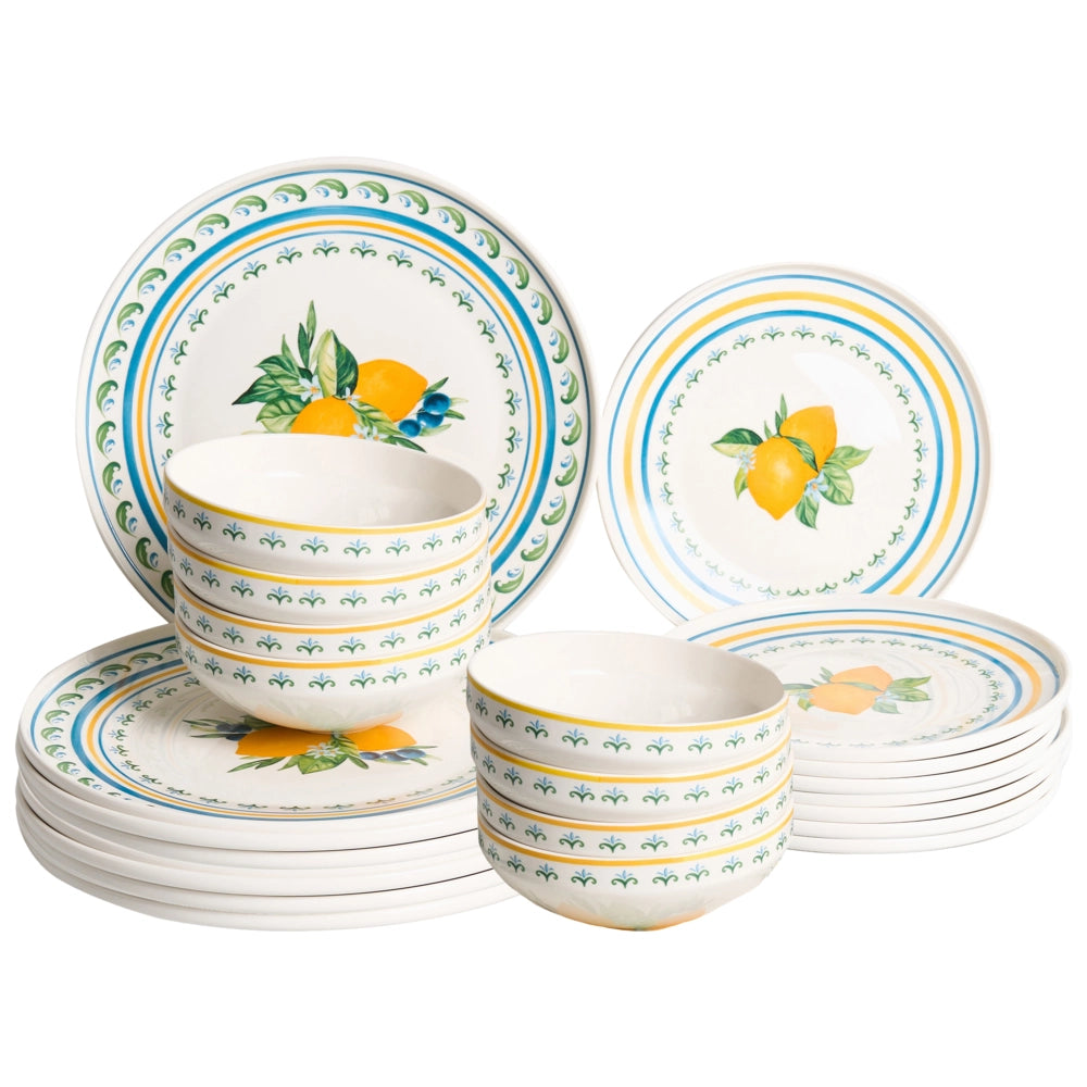 Set da 24 stoviglie in porcellana bianca/verde con finitura smaltata e motivo agrumi limoni Ciotole e piatti per cucina e sala da pranzo