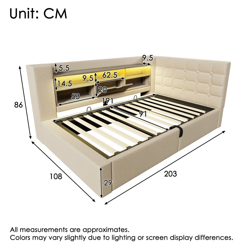 Letto Imbottito Singolo con Contenitore Idraulico e LED ¨C MINIMAL ¨C Testiera L, Tessuto Beige, 90x190