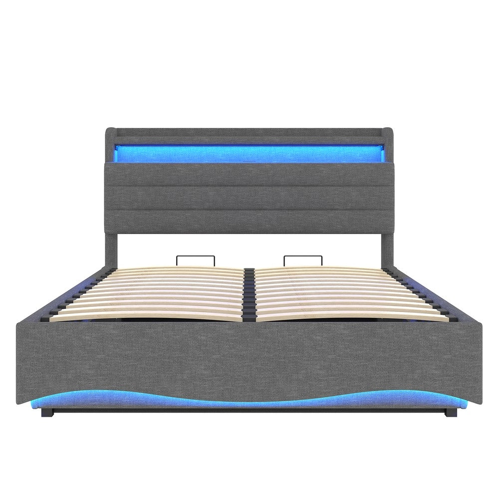 Letto Imbottito Contenitore con LED ¨C MINIMAL ¨C Tessuto Grigio 140x200 Idraulico