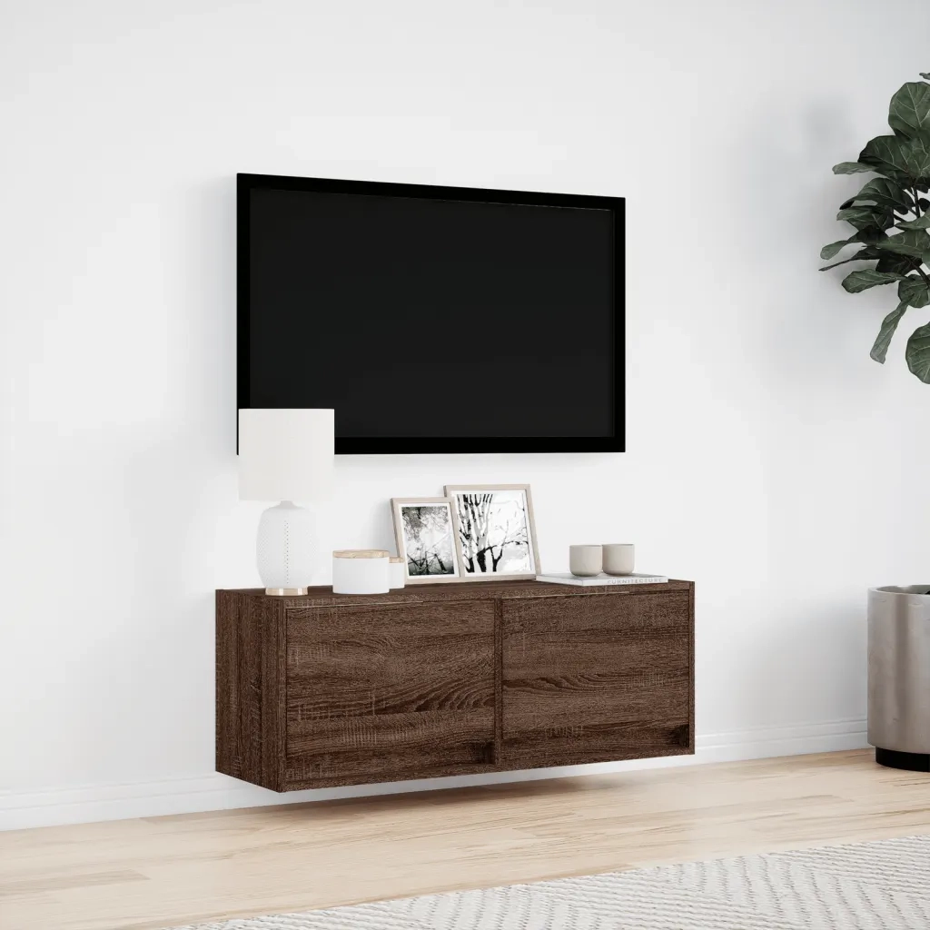 Mobile TV a Parete con Luci LED Rovere Marrone 100x31x35 cm 852368