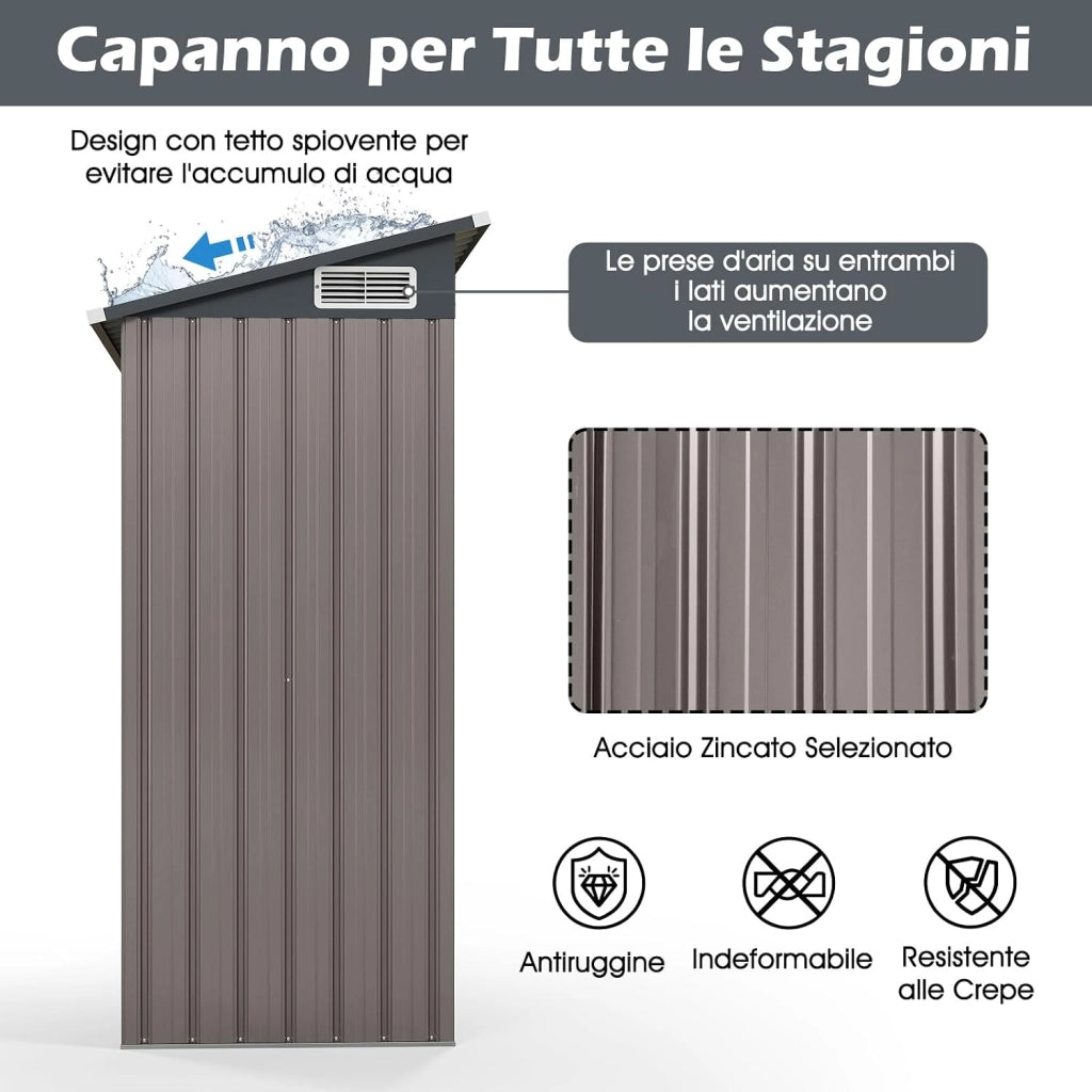 Armadio da Esterno 1,02㎡, Capanno da Giadino in Metallo Zincato con Tetto Inclinato, Venti d'Aria e Porta con Chiusura, Casetta Porta Attrezzi da Cortile, Prato e Patio (Grigio Chiaro)