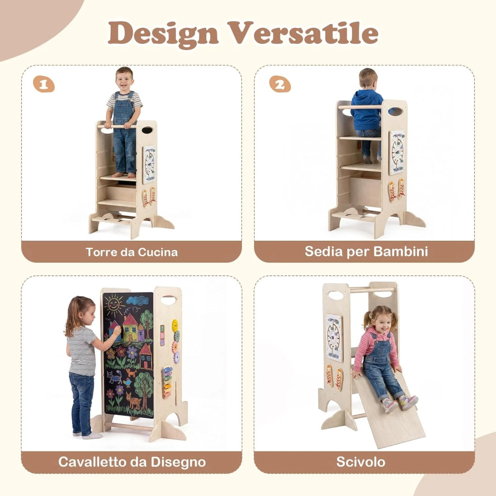 Torre Montessoriana in Legno Bambini, Torre di Apprendimento 3 Altezze Regolabili con Giochi Educativi e Lavagna, Corrimano Sicurezza e Piedini Antiribaltamento, per Cucina e Bagno