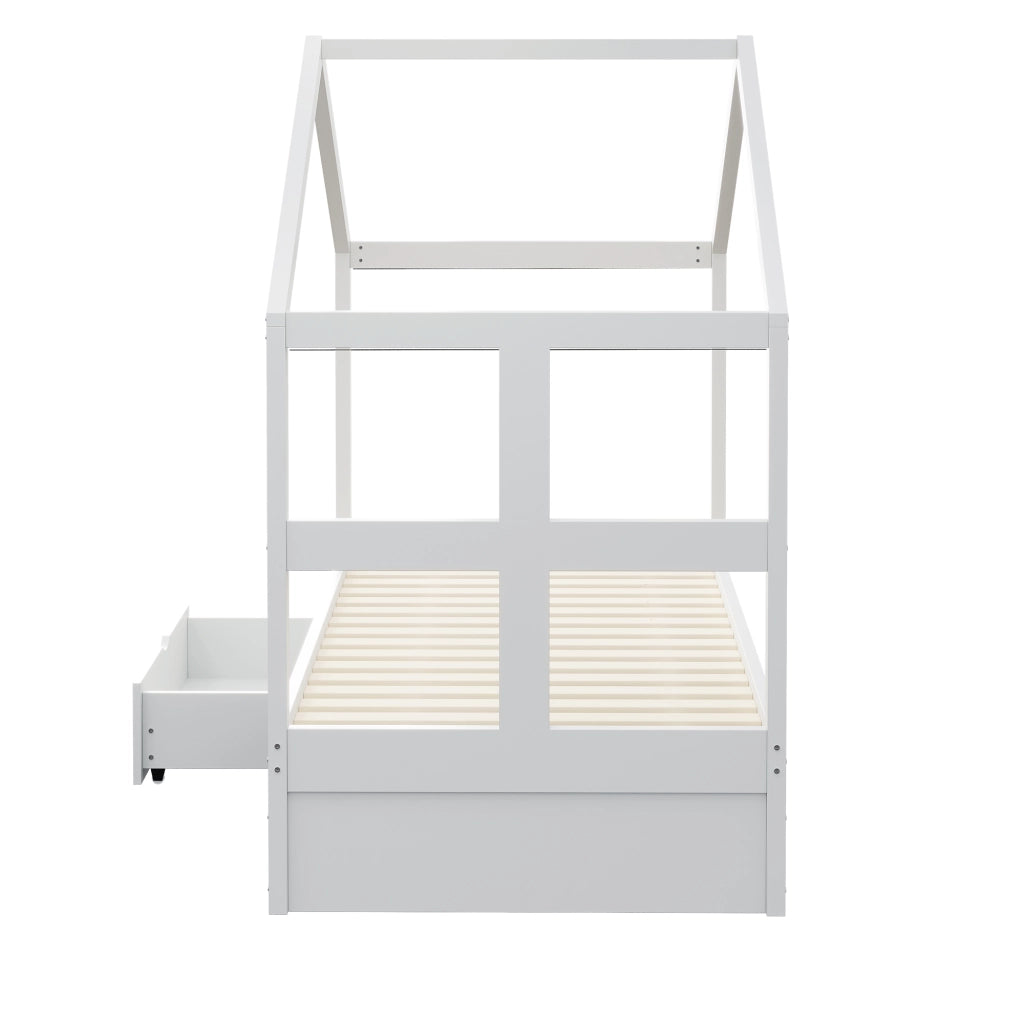 Letto a casetta 90x190 cm con cassetto; scarpiera e LED multicolore in legno bianco