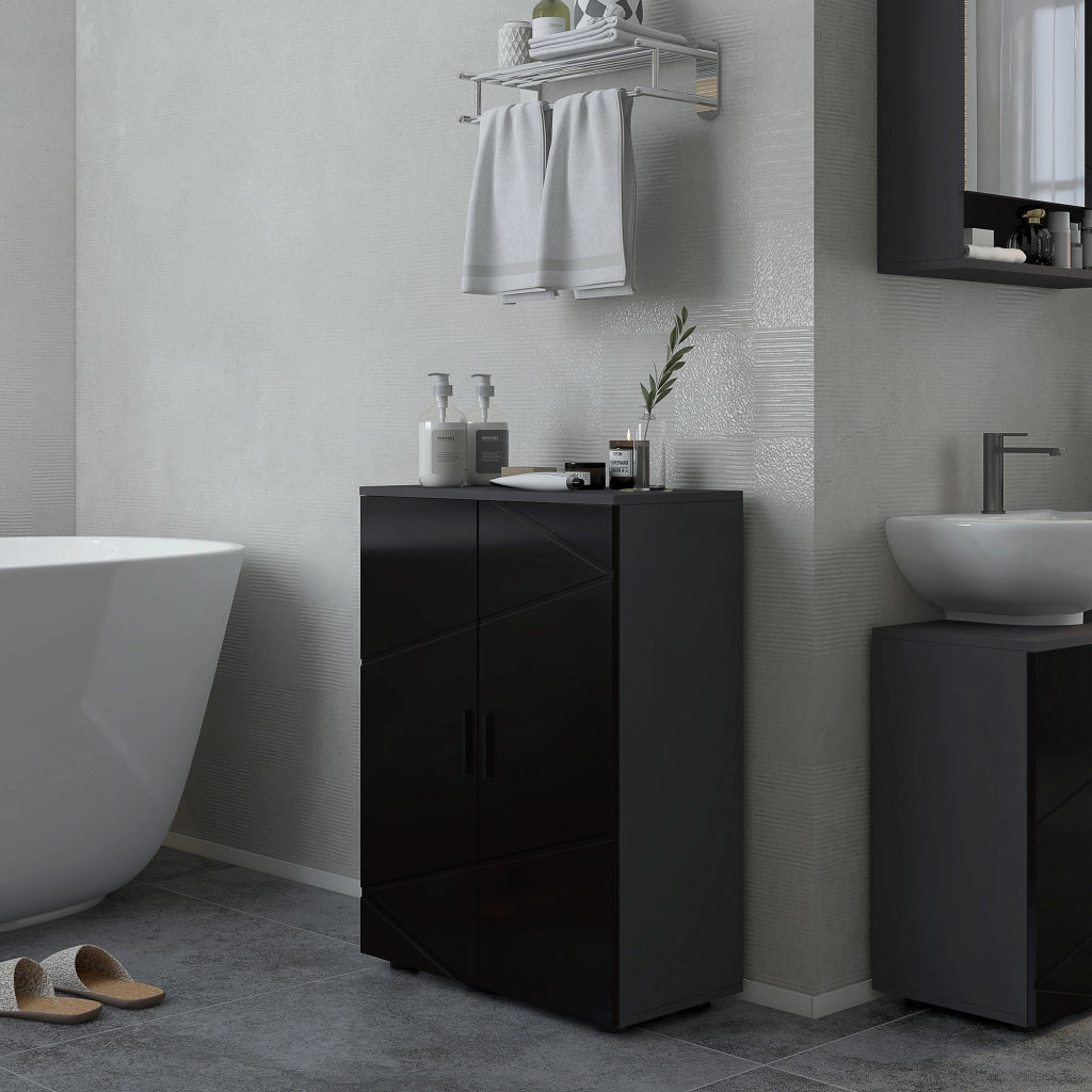 Mobiletto Bagno 2 Ante in Legno con 3 Ripiani e Chiusura Ammortizzata, 60x30x82cm, Nero Lucido