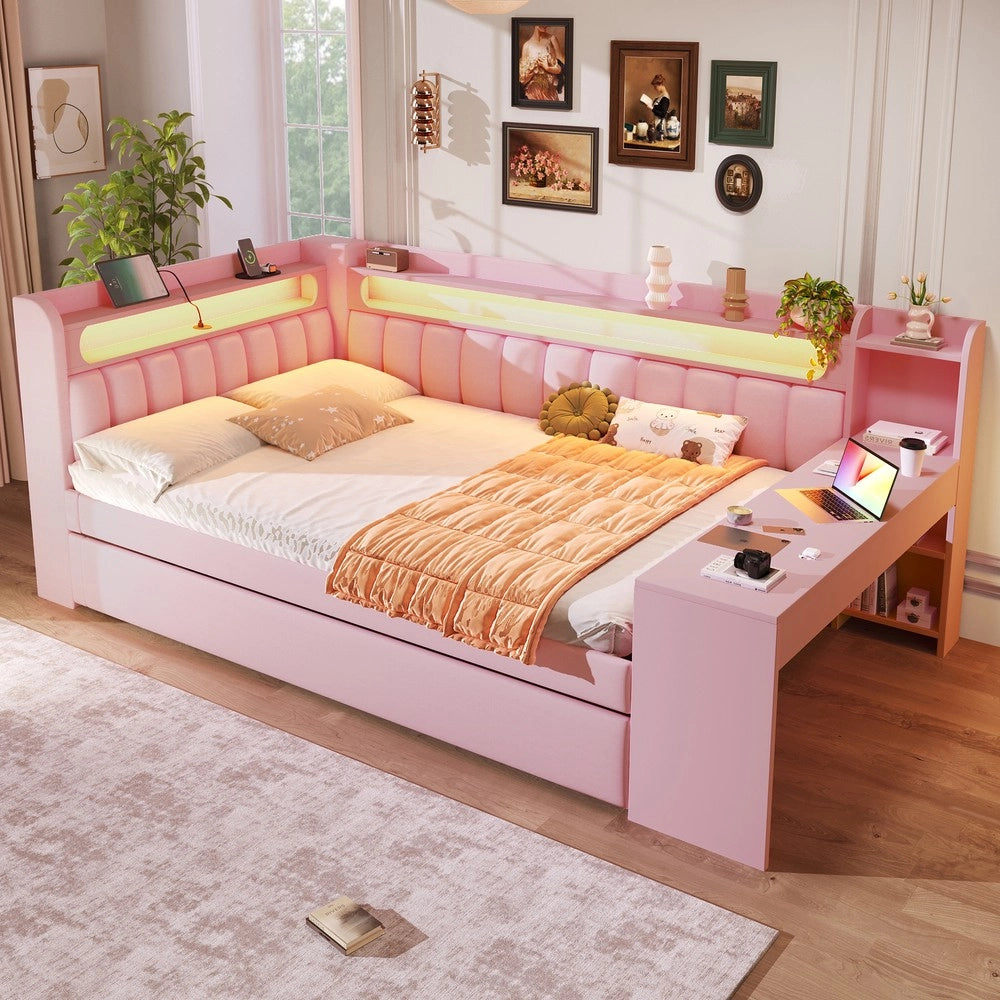 Letto Imbottito con Scrivania e Letto Estraibile ¨C MINIMAL ¨C Rosa, LED, USB, 140x200