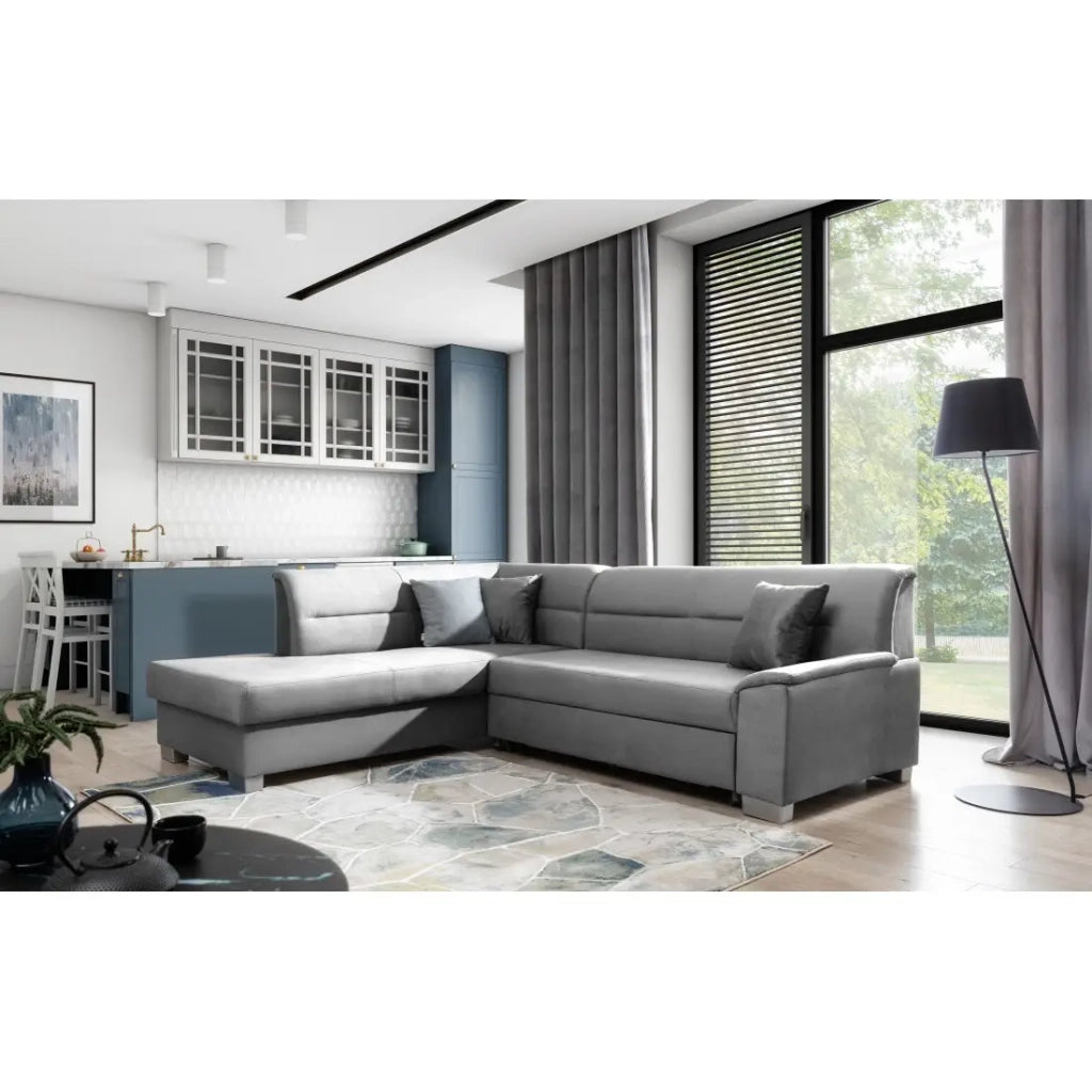 Divano angolare convertibile TROMSO grigio effetto velluto – Angolo sinistro con contenitore